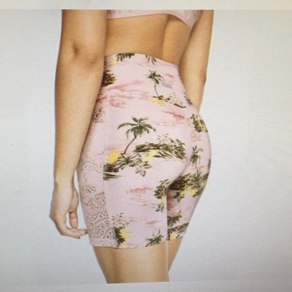 PINK VICTORIA SECRET/PEACH-PINK TROPICAL PRINTw LACE SIDE PANELS BIKE SHORTS